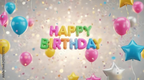 Happy Birthday Celebration with Colorful Balloons and Confetti.
