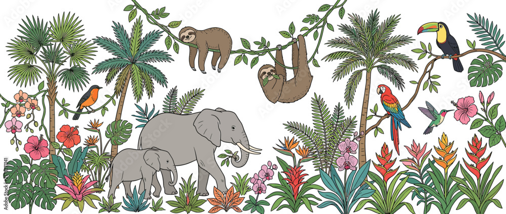 Obraz premium Jungle Scene with Tropical Animals and Plants