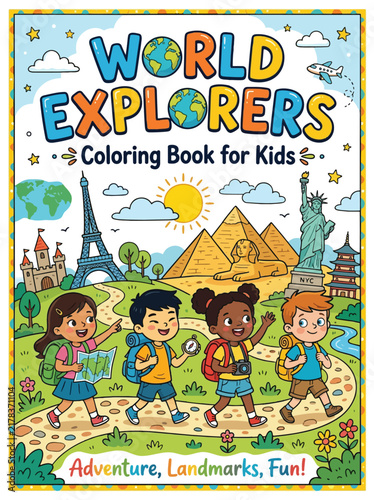 World Explorers Kids Coloring Book Cover Famous World Landmarks Vector