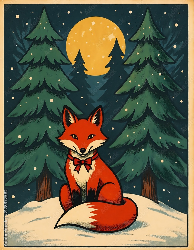 Obraz premium A cute red fox with a bow tie sitting peacefully in a snowy forest beneath a full moon and pine trees