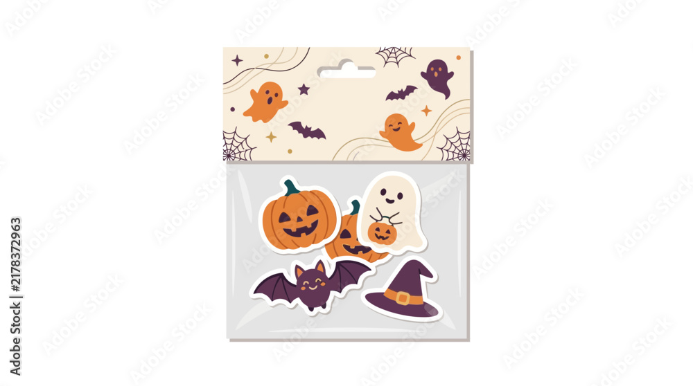 Fototapeta premium Halloween sticker pack packaging with pumpkins and ghosts.
