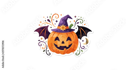 Halloween pumpkin with bat wings and witch hat sticker