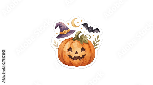 Halloween pumpkin with witch hat and bat sticker.