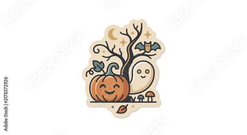 Halloween scene sticker with ghost, pumpkin, and spooky tree.