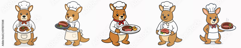 Obraz premium A set of cute and adorable kangaroo vectors dressed as a chef, standing and carrying a delicious grilled meat dish.