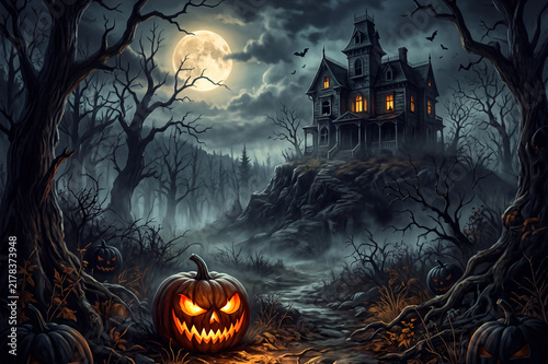 Halloween Background with Evil Jack O Lantern Pumpkins and Haunted House in Dark Spooky Forest