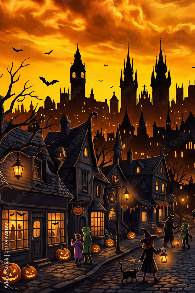 Naklejka premium Halloween Cityscape with Spooky Atmosphere and Orange Yellow Background