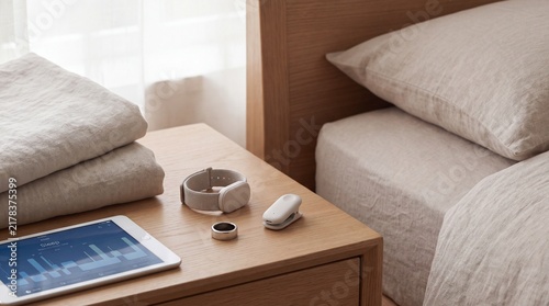 A bedside table with modern wearable sensors, a tablet displaying data and neatly arranged bedding, creating a calming atmosphere