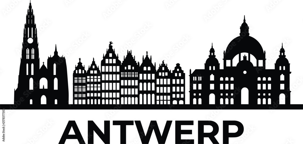 Fototapeta premium Antwerp city skyline silhouette featuring cathedral of our lady central station and guildhouses vector illustration isolated white