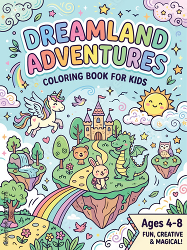 Dreamland Adventures Kids Coloring Book Cover Fantasy Unicorn Castle Vector