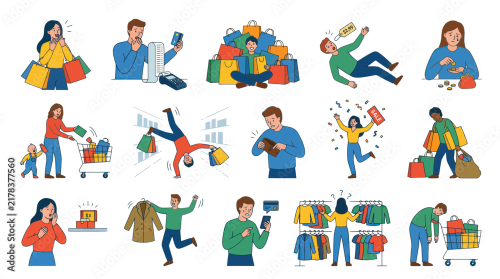 Fototapeta premium Flat Design Illustrations of Shopping, Consumerism, and Finance: People, Sales, Money, and Budgeting