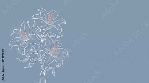 Minimalist blue background with white outline lily flower bouquet