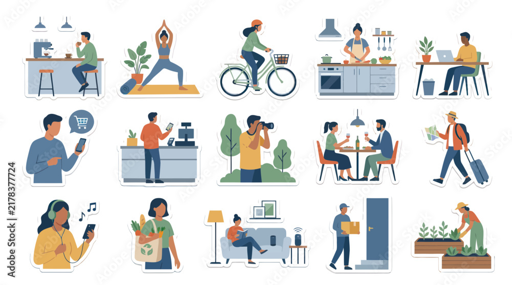 Fototapeta premium Everyday Modern Lifestyle Activities Flat Design Vector Collection with People and Technology