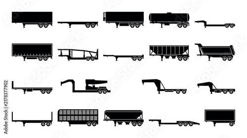 Freight trailer vector icons with box trailers, flatbed trailers and refrigerated trailers for web design in solid glyph style.