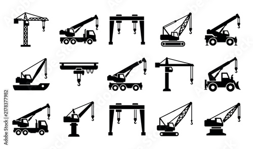 Crane types vector icons with tower crane, mobile crane and gantry crane for mobile app design in silhouette style
