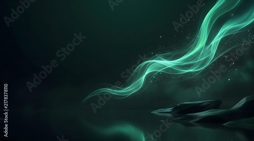 Glowing neon green energy waves swirling in dark abstract liquid motion background