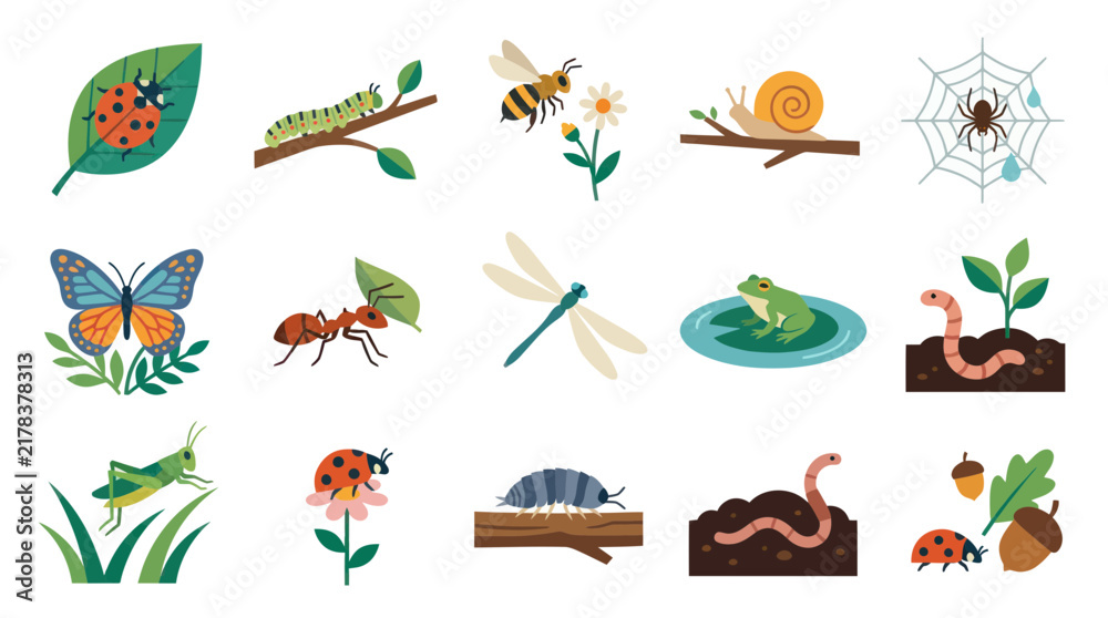 Obraz premium Cute Flat Cartoon Nature Garden Bugs and Small Animals Vector Illustration Set