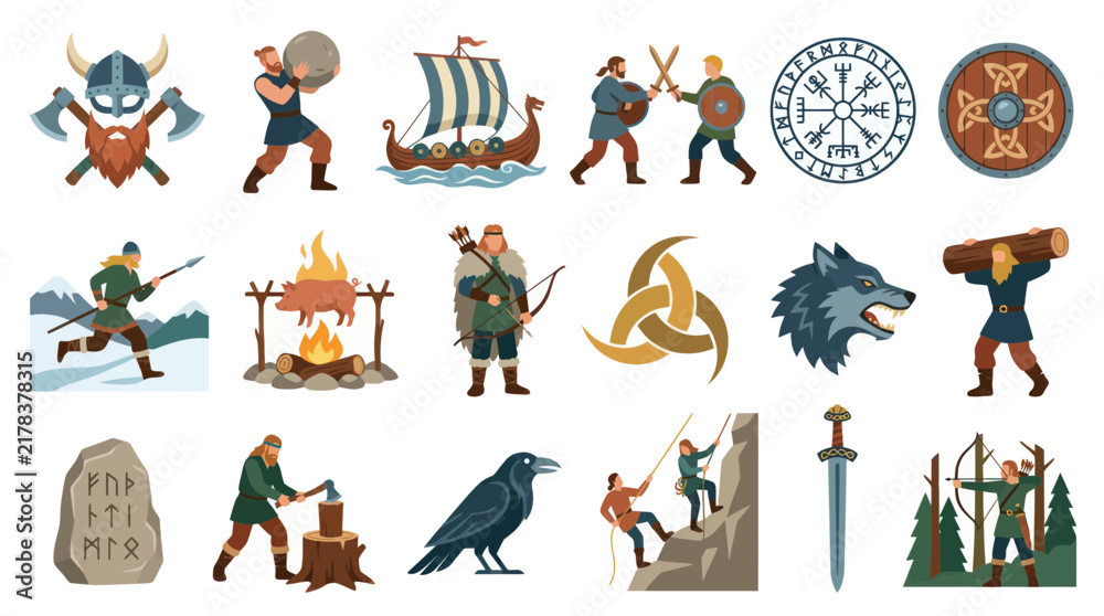 Obraz premium Viking Norse Mythology Flat Vector Illustrations. Medieval Warriors, Symbols, Tools, and Cultural Icons.