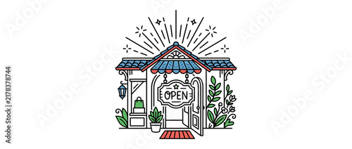 Obraz na plátne Charming Storefront with Open Sign and Plants