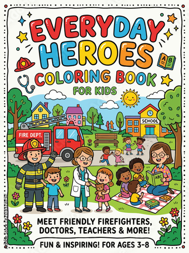 Everyday Heroes Kids Coloring Book Cover Community Workers Vector