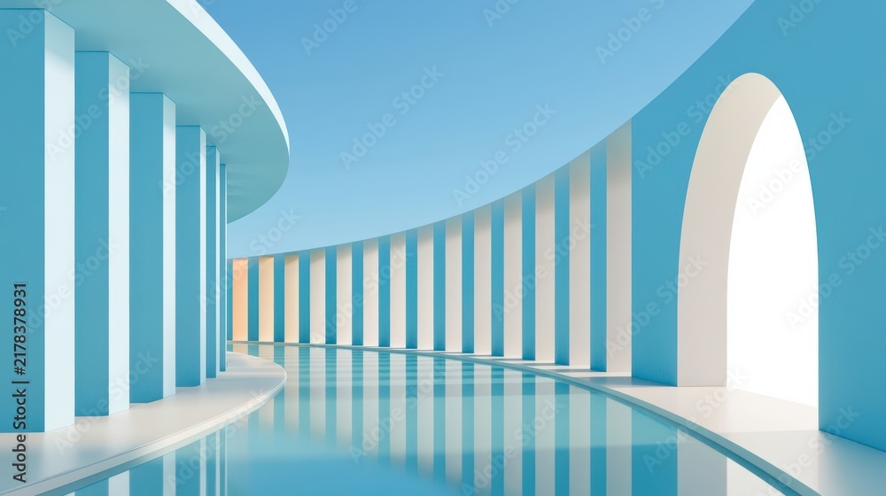 Obraz premium Minimalist curved architectural corridor with blue columns, archway and reflective water surface