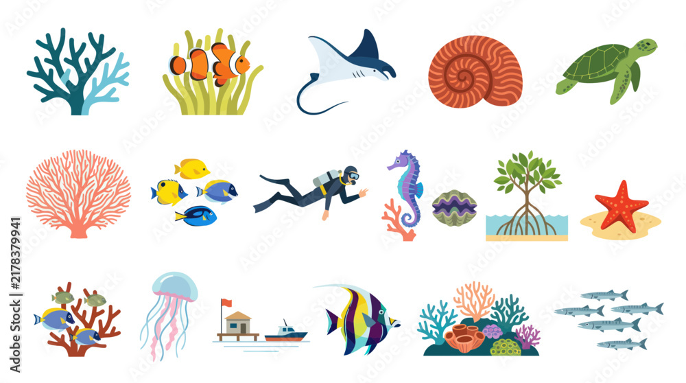 Obraz premium Flat Design Marine Life Vector Illustration Set with Sea Animals, Corals, Diver, and Ocean Elements