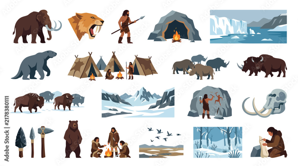 Obraz premium Flat Vector Prehistoric Ice Age Life Illustration Set: Cave Dwellers, Extinct Animals, Tools, and Landscapes