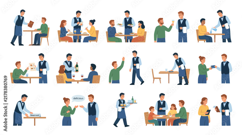 Fototapeta premium Flat Style Vector Icons of Restaurant Waiters Serving and Interacting with Customers