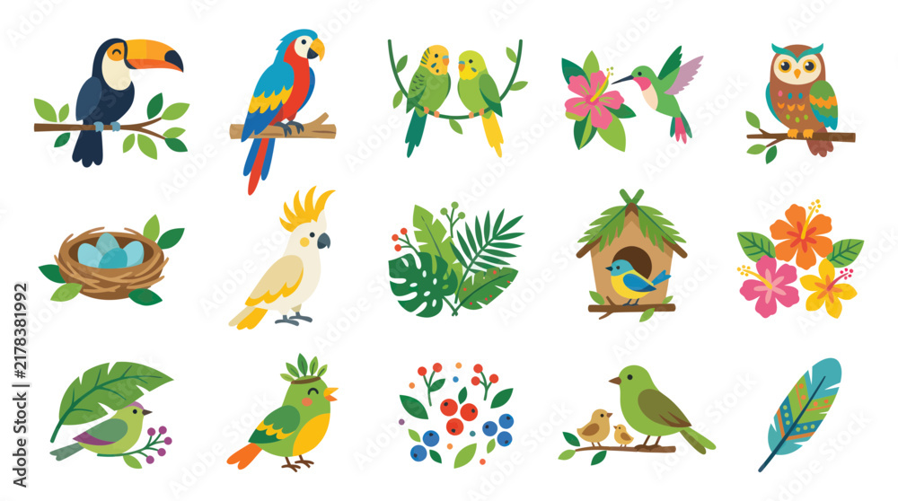Obraz premium Flat Cartoon Vector Illustration Set of Tropical Nature and Wildlife with Cute Birds, Nests, and Flowers
