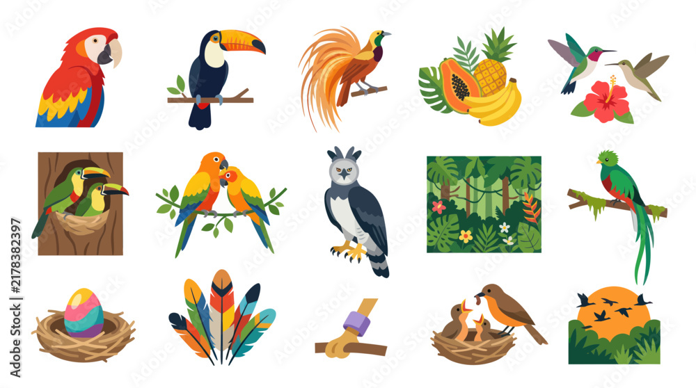Obraz premium Flat Vector Tropical Nature Set: Exotic Birds, Jungle Animals, Fruits, Nests, and Wildlife Icons Collection