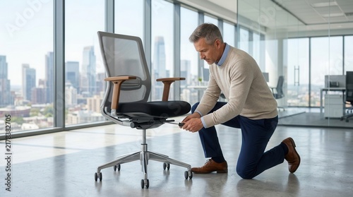 Male corporate worker in casual business clothes kneeling on concrete floor while fixing grey ergonomic mesh office chair with a metal manual screwdriver