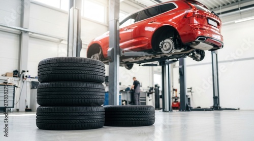 Pile of car tires in a garage service center or shop for auto maintenance with sunlight background