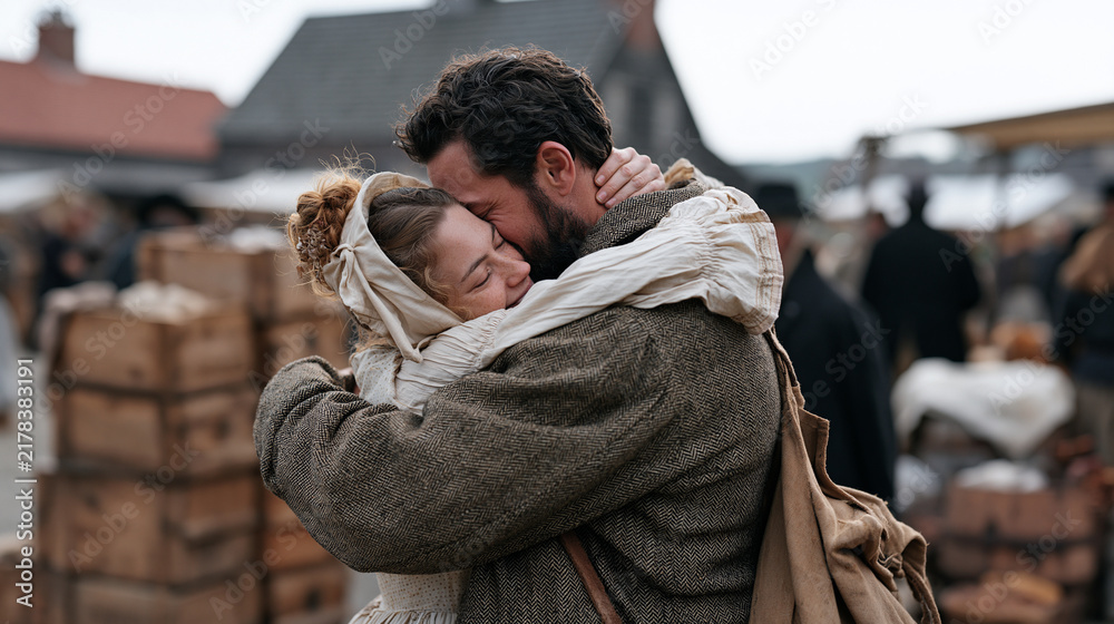 Fototapeta premium A living history reenactor and her partner celebrate a milestone market day achievement at a desolate heritage site a stack of wooden crates packed and ready beside them as
