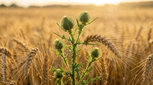 Obraz na plátně Green thorny tares growing among mature wheat stalks in a harvest field