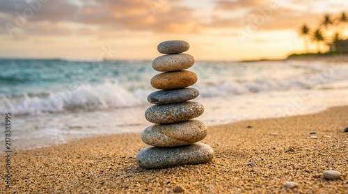 Fotografía Seven smooth stones carefully stacked on the sandy shore with gentle waves lapping at the beach during a warm sunset