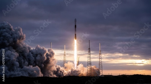 Fotografía Moment of liftoff during a rocket launch at dawn with billowing smoke and big fl