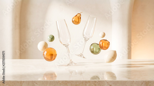Elegant champagne flutes with decorative spheres on marble table in luxurious dining setting