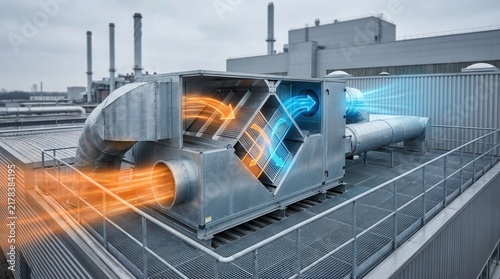 Фотография Roofmounted energy recovery ventilator with heat exchangers capturing heat from dryer exhaust for industrial drying efficiency