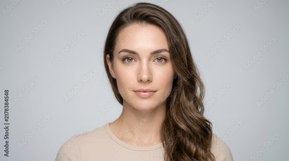 Fototapeta premium Close-up shot of a woman with clear skin and natural makeup looking at camera