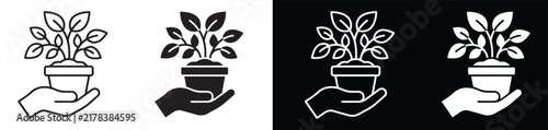 Hand Holding Potted Plant Icon Set Showcasing Different Color Variations for Design and Presentation Purposes