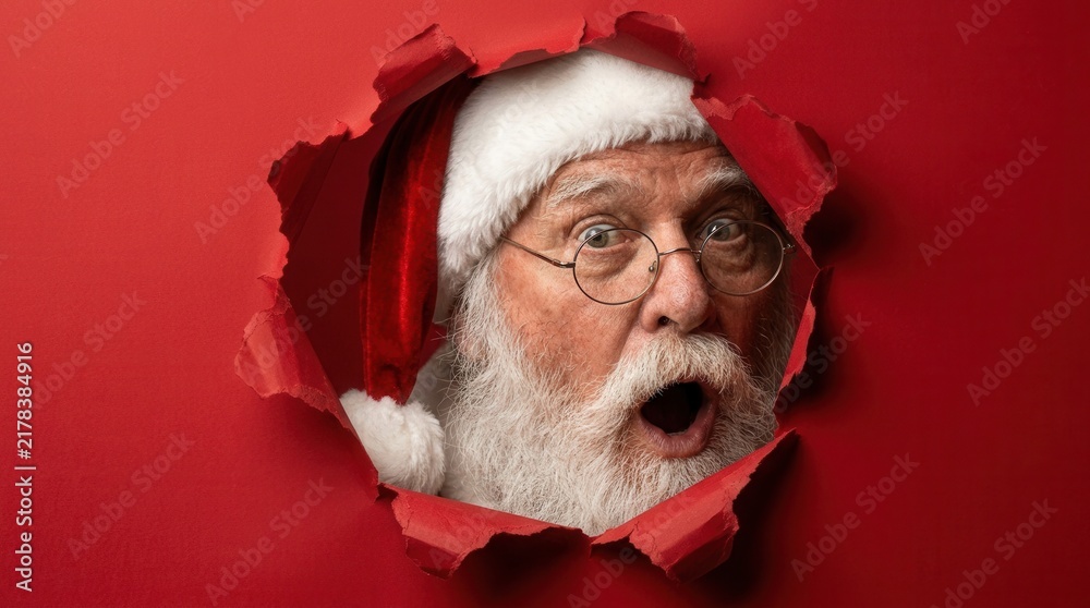 Obraz premium Surprised Santa Claus with a white beard and red suit peeking through a torn red background for holiday cheer and excitement.