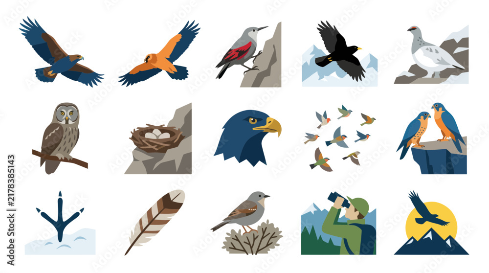Obraz premium Ornithology Flat Design Vector Illustration Set: Diverse Wild Birds, Bird Watching, Nests, and Feathers