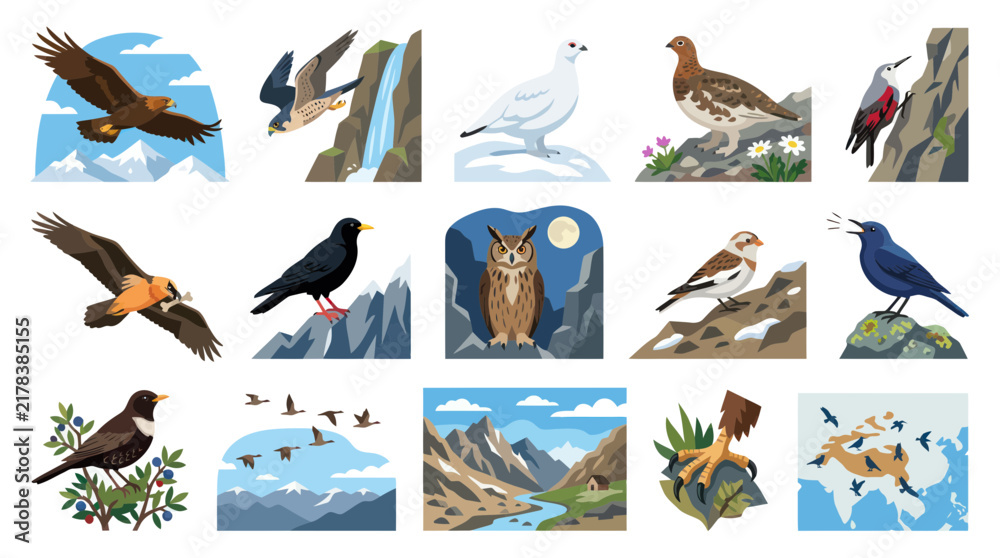 Fototapeta premium Diverse Bird Species in a Flat Vector Style, Depicting Wildlife and Nature
