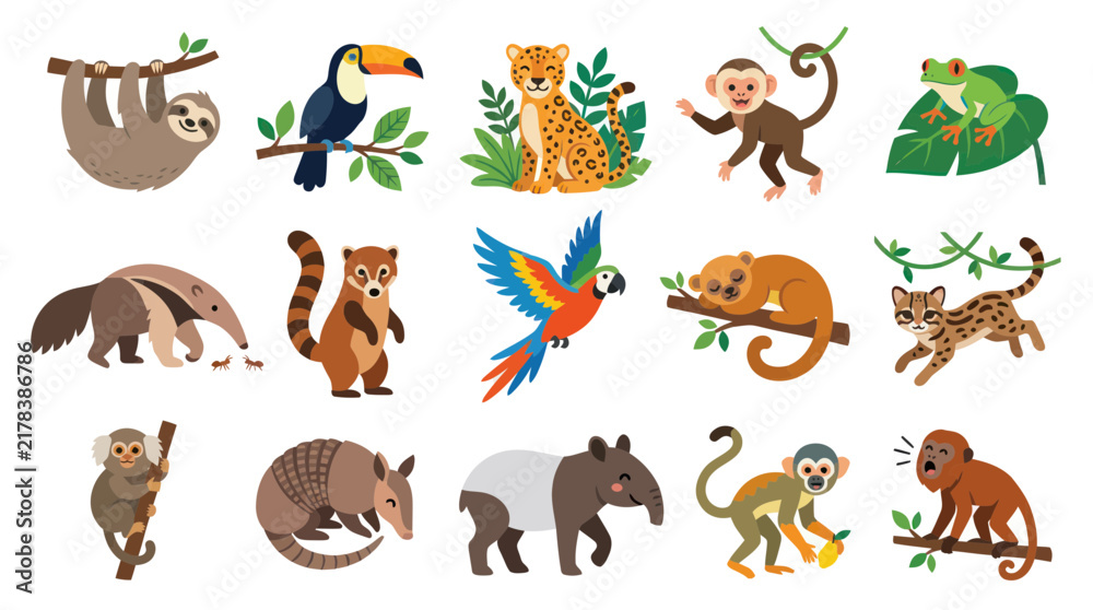 Obraz premium Cute Flat Cartoon Vector Illustration of Tropical Rainforest Animals Set for Wildlife Nature Education