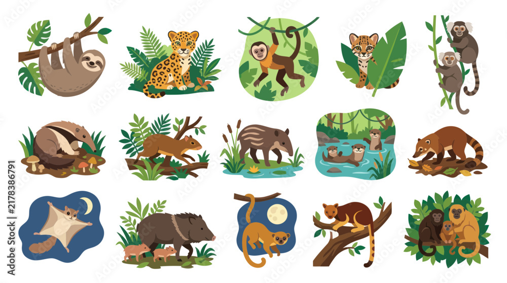 Fototapeta premium Flat Vector Cartoon Set of Cute Amazon Rainforest Animals. Wildlife and Nature Education Collection.