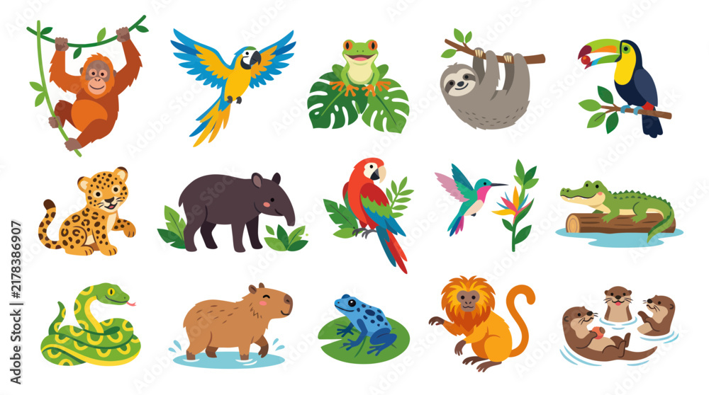 Fototapeta premium Cute Cartoon Animals of Tropical Rainforests and Jungles, Flat Vector Art
