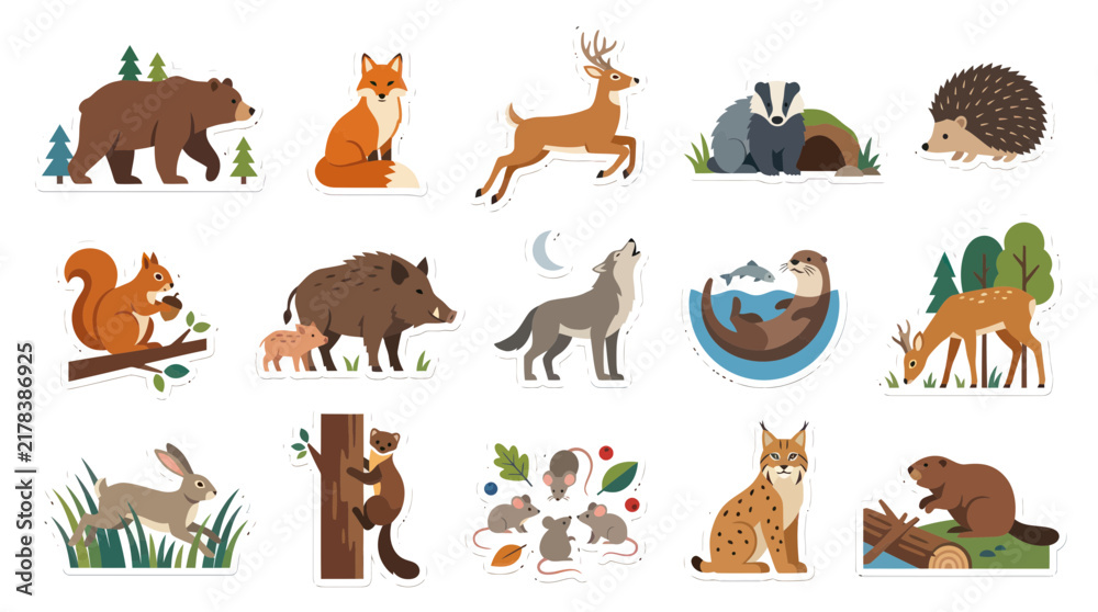 Obraz premium Cute Forest Animals Sticker Pack - Flat Vector Style