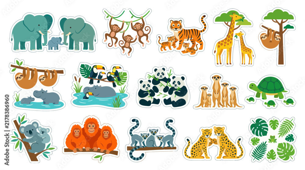 Obraz premium Cute Jungle Animals Stickers - Cartoon Style Vector Illustration