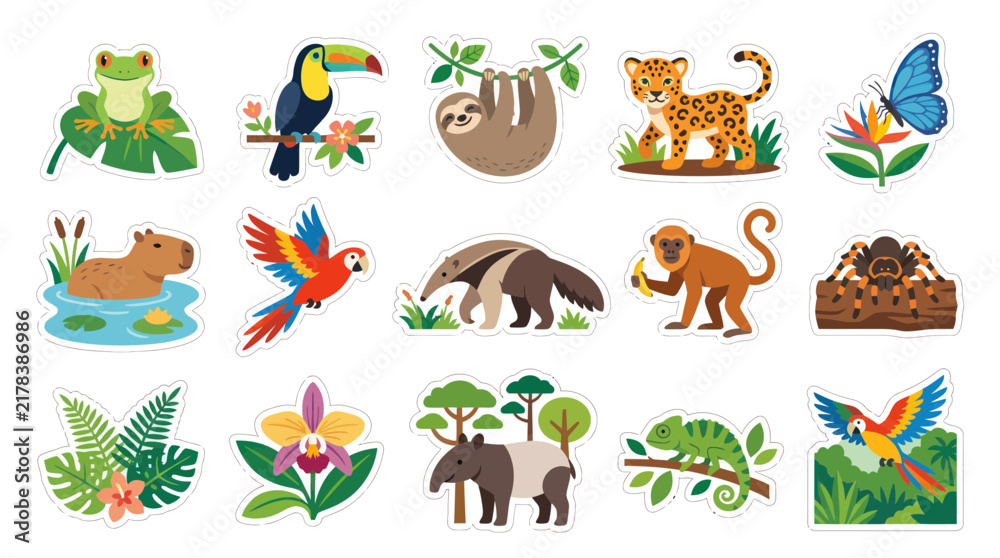 Obraz premium Cute Flat Cartoon Vector Illustration of Rainforest Animals and Tropical Plants. Wildlife and Jungle Fauna Flora Collection.