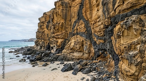 Exposed volcanic rock veins within a weathered sandstone promontory